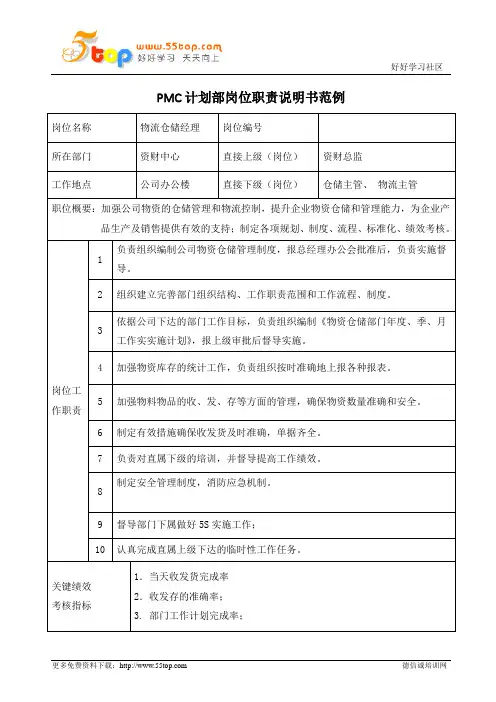 物流仓储经理岗位职责说明书