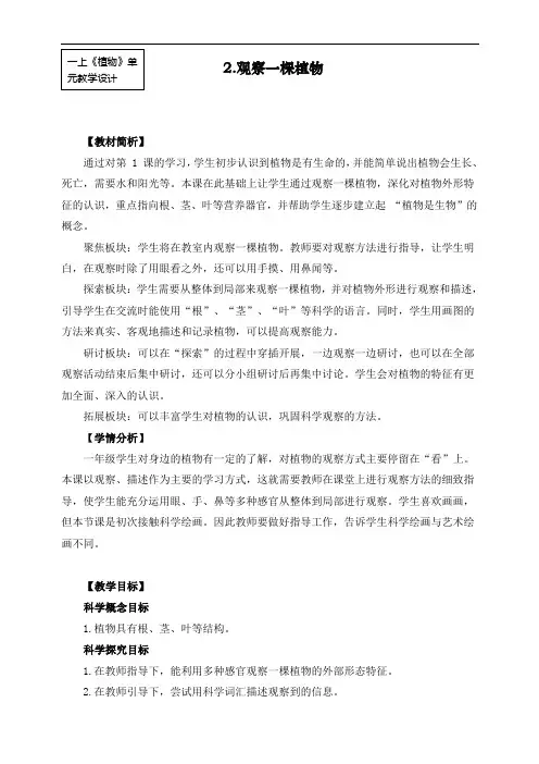 最新教科版一年级上册科学《观察一棵植物》教案