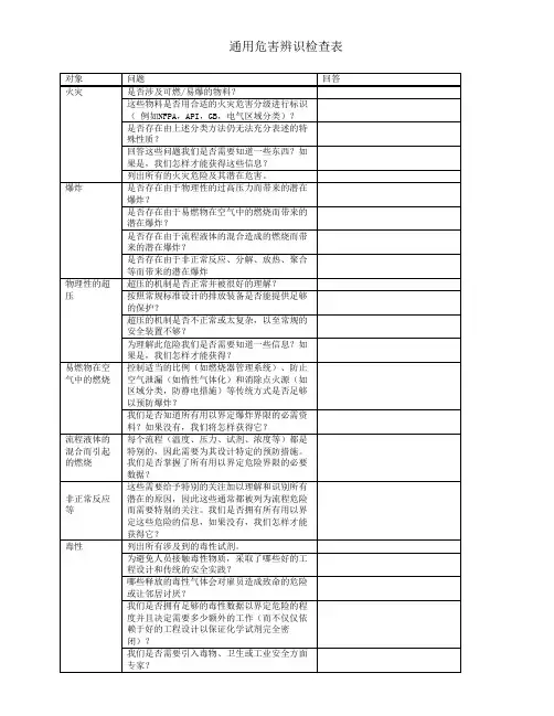 PHA通用危害检查表