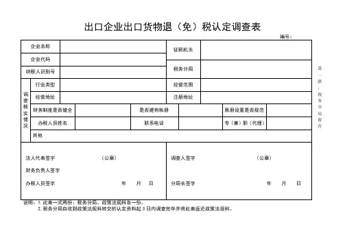 出口企业出口货物退免税认定调查表