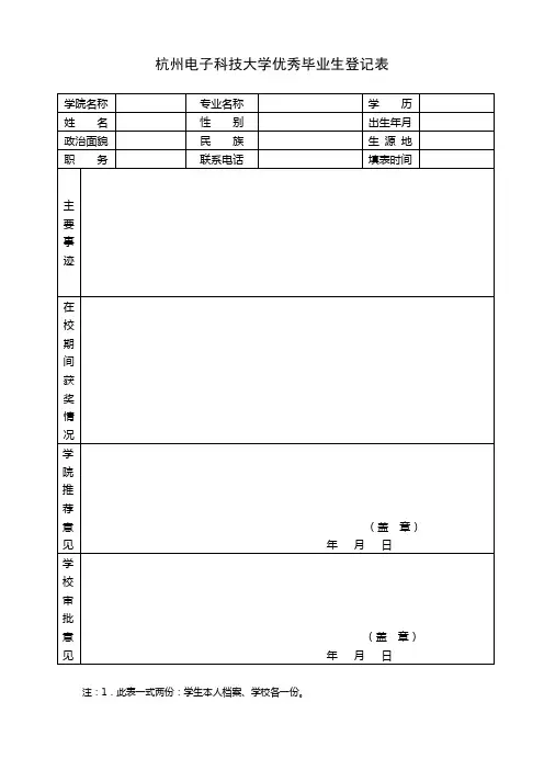 杭州电子科技大学优秀毕业生登记表