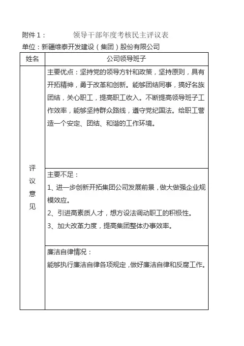 领导干部民主评议意见