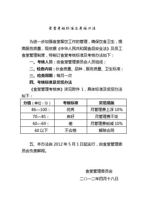 食堂考核标准及考核办法1
