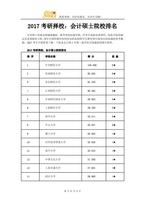 2017考研择校：会计硕士院校排名