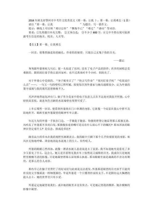 2016年湖北省鄂州市中考作文优秀范文《那一幕,让我 》：那一幕,让我难忘(1篇)