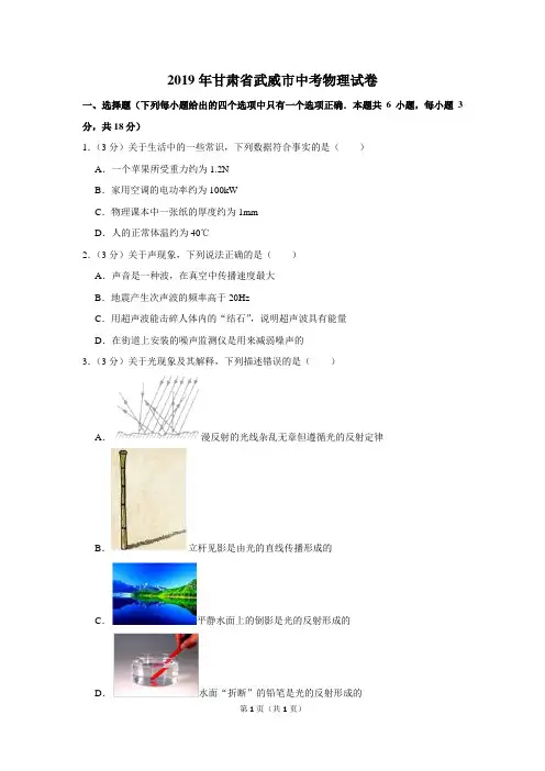 2019年甘肃省武威市中考物理试卷三