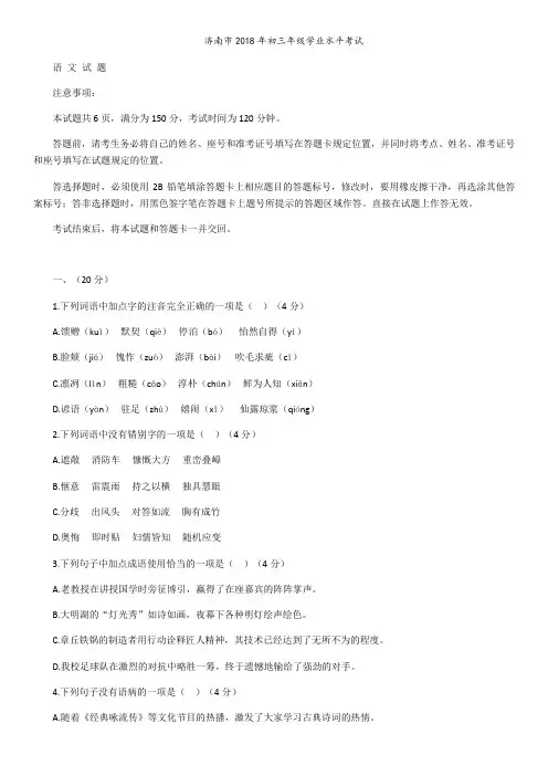 济南市2018年初三年级学业水平考试