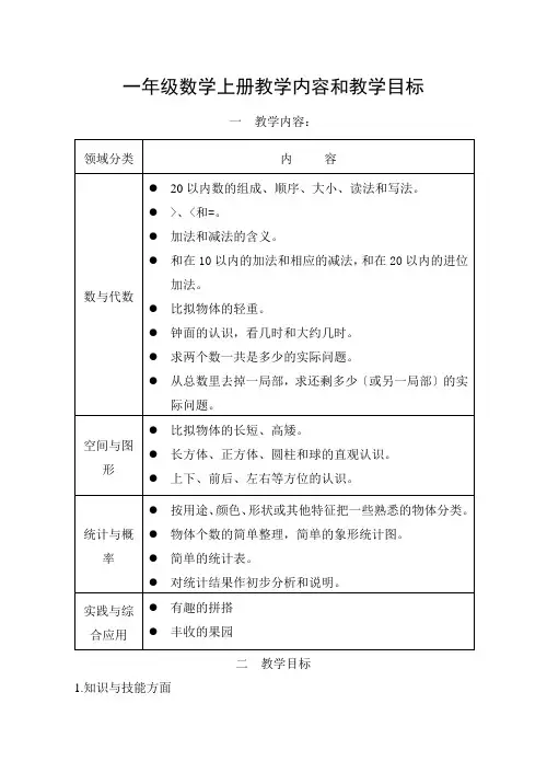 一年级数学上册教学内容和教学目标