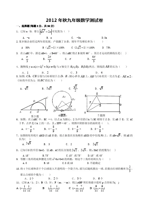 2012年九年级数学测试卷(至二次函数)