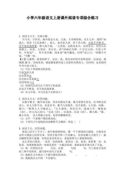 小学六年级语文上册课外阅读专项综合练习