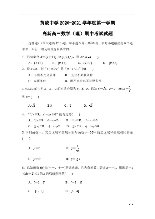 陕西省黄陵中学2021届高三(高新部)上学期期中考试数学(理)试题含答案