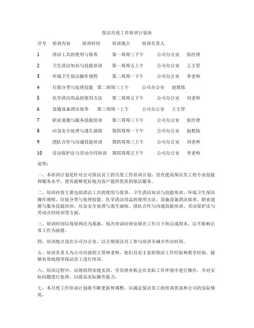 保洁月度工作培训计划表