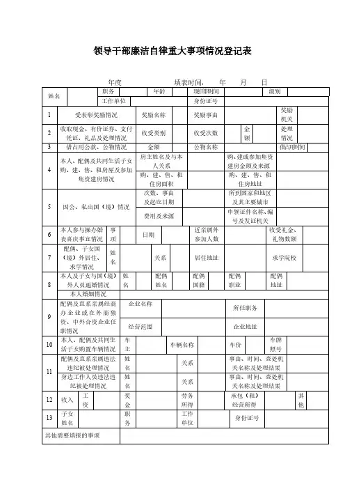 领导干部廉洁自律重大事项情况登记表