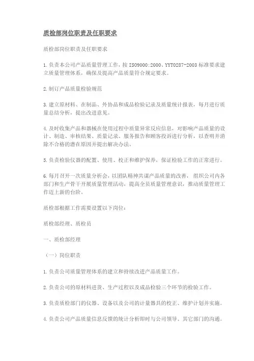 质检部岗位职责及任职要求