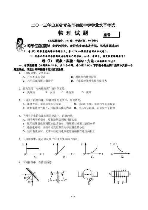 2013年青岛市中考物理试题(含答案)
