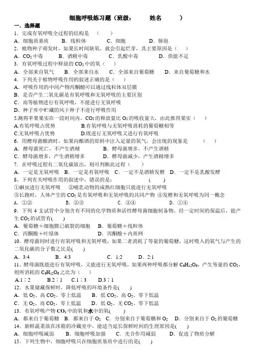 高一生物-细胞呼吸练习题