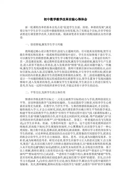 初中数学教学改革实验心得体会