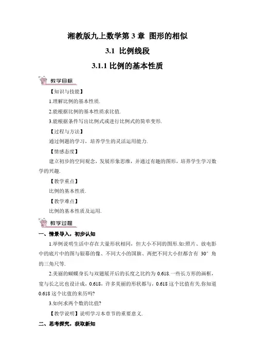 湘教版九上数学3.1.1 比例的基本性质教案
