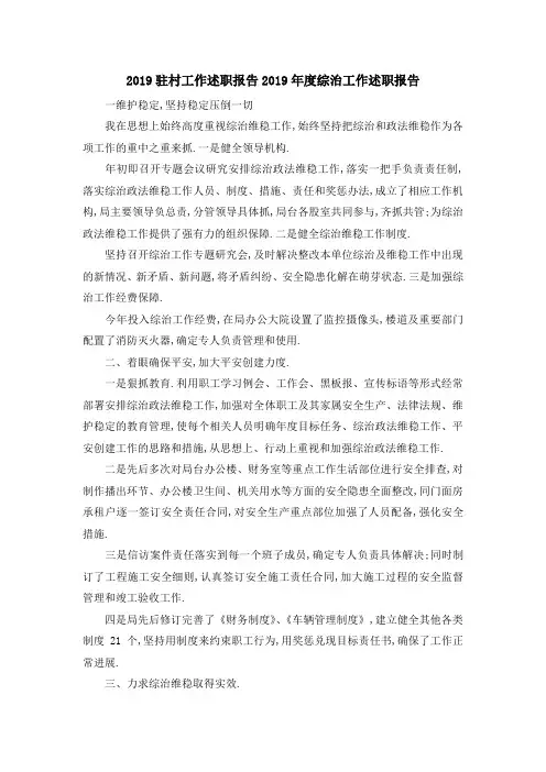 2019驻村工作述职报告 2019年度综治工作述职报告 精品