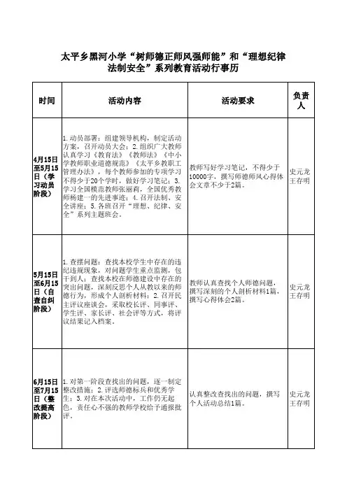 “树师德正师风强师能”和“理想纪律法制安全”系列教育活动行事历