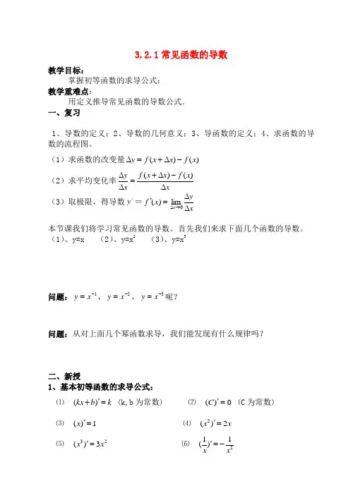 高中数学 3.2.1几种常见函数的导数教案 苏教版选修1-1