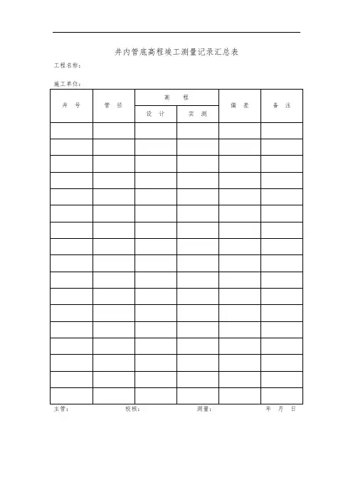 井内管底高程竣工测量记录汇总表
