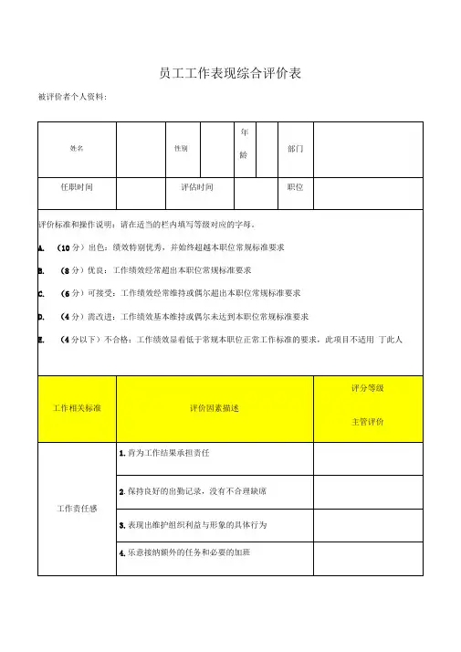 员工工作表现综合评价表