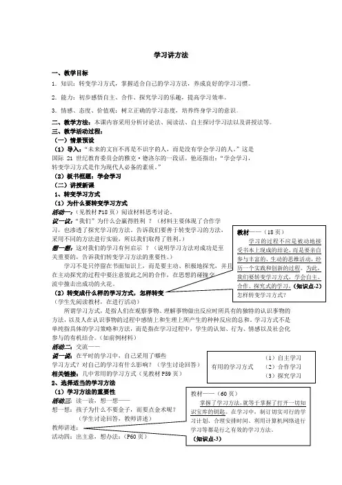 鲁人版(五四学制)六年级《道德与法治》上册第一课第三框 学习讲方法(精品教案)