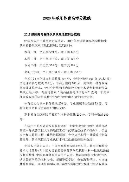 2020年咸阳体育高考分数线