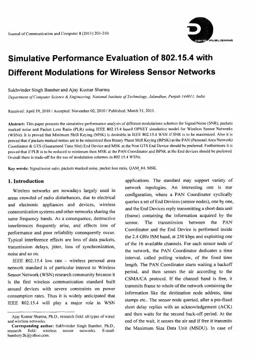 Simulative Performance Evaluation of 802.15.4 with Different Modulations for Wireless Sensor Net