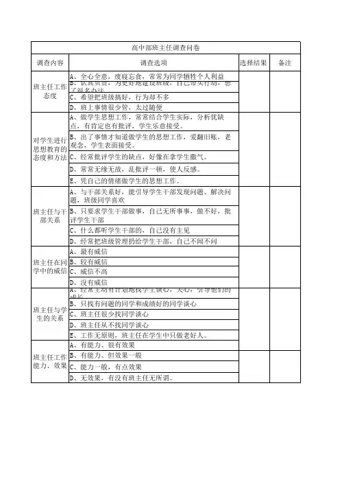 高中部班主任调查问卷