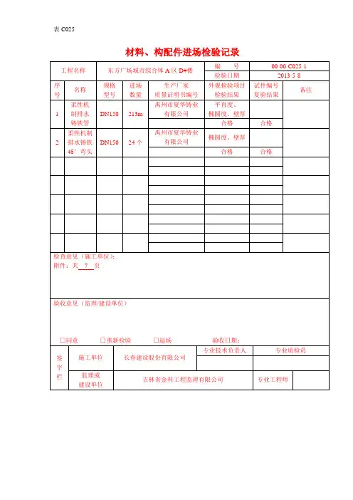 材料、构配件进场检验记录 材料、构配件进场检验记录