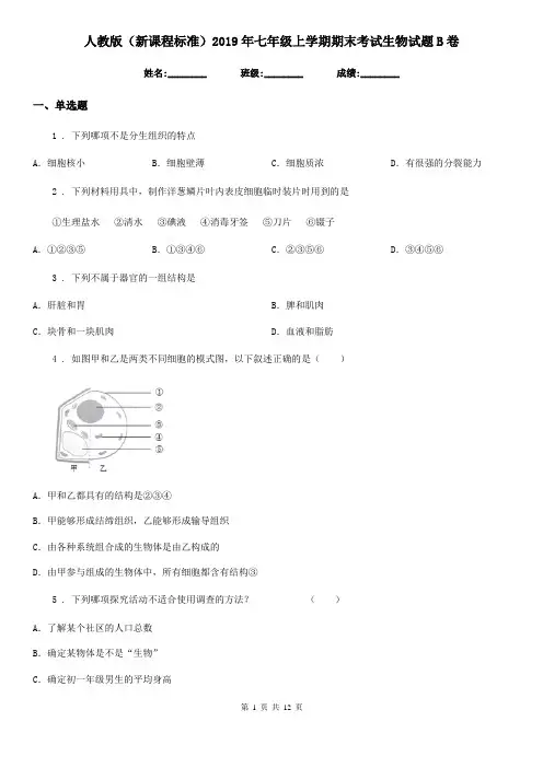 人教版(新课程标准)2019年七年级上学期期末考试生物试题B卷
