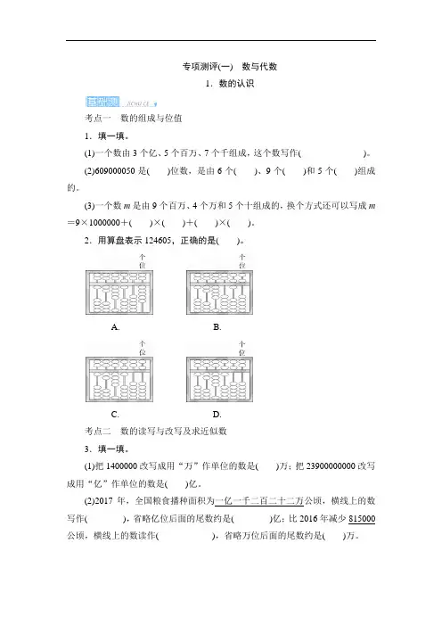 人教四年级数学上册-专项测评(一) 数与代数