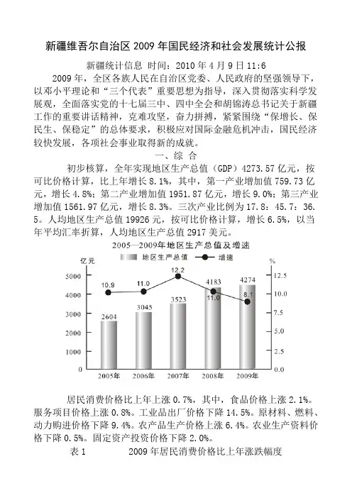 新疆维吾尔自治区2009年国民经济和社会发展统计公报