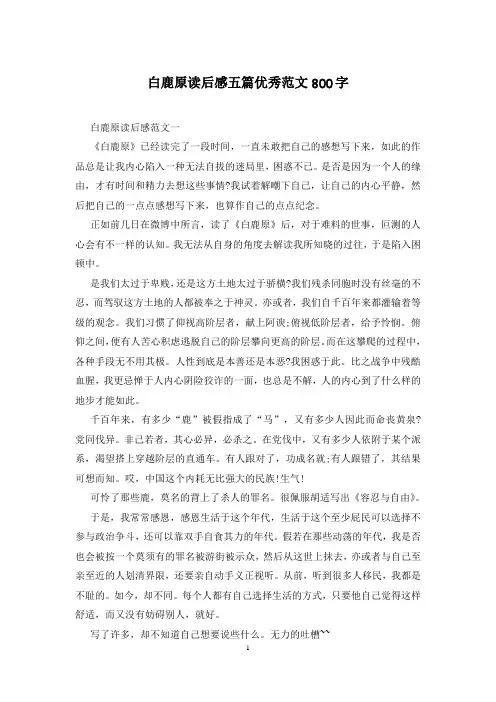 白鹿原读后感五篇优秀范文800字