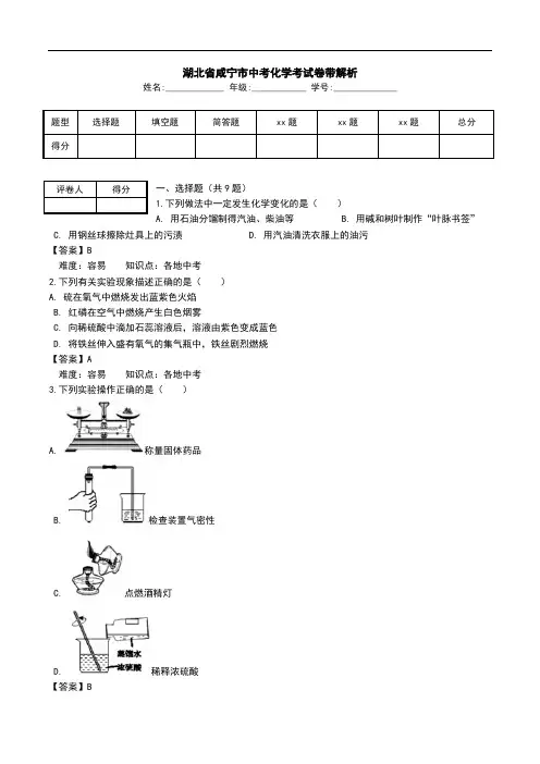 湖北省咸宁市中考化学考试卷带解析.doc