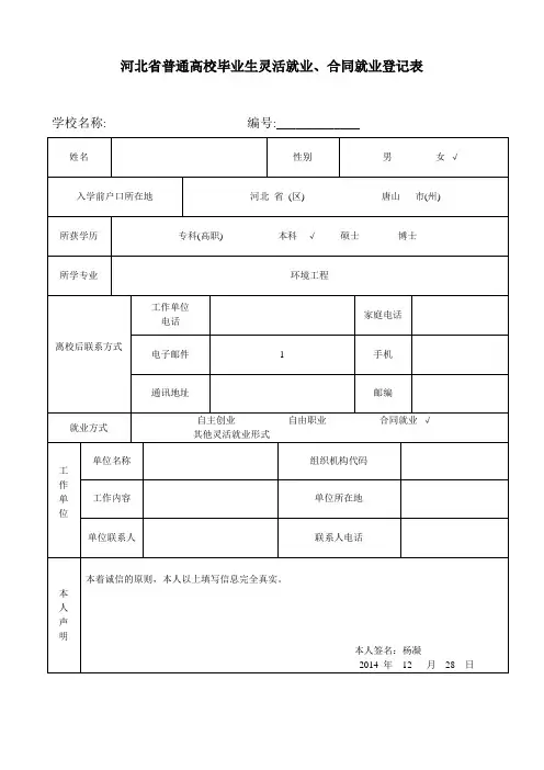 河北省普通高校毕业生灵活就业、合同就业登记表1