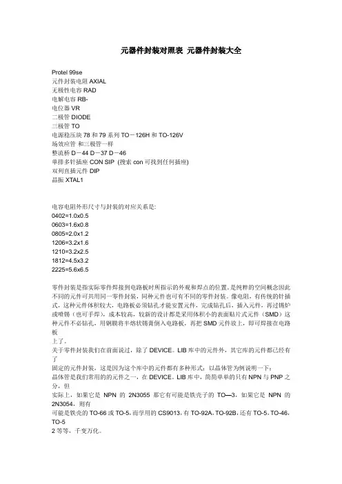 元器件封装对照表 元器件封装大全