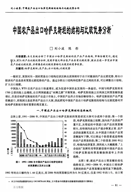 中国农产品出口哈萨克斯坦的结构与比较优势分析农业经济问题.2009.3期