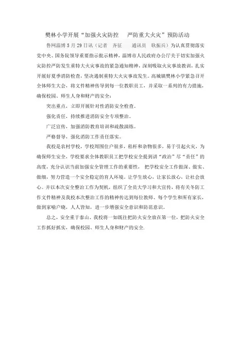 樊林小学开展“火患猛于虎   防范需谨慎”活动