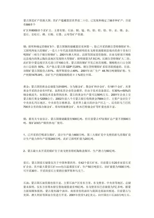 谁能告诉我外蒙古的矿产资源分布地点与详细情况？