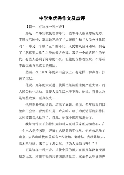 中学生优秀作文及点评