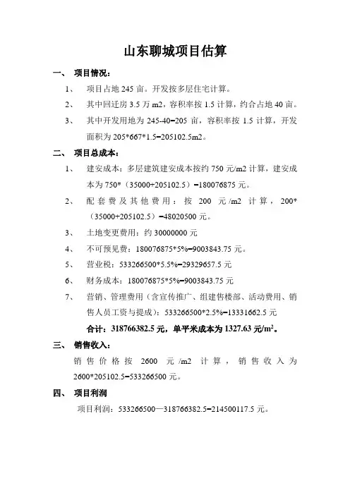 山东聊城项目估算