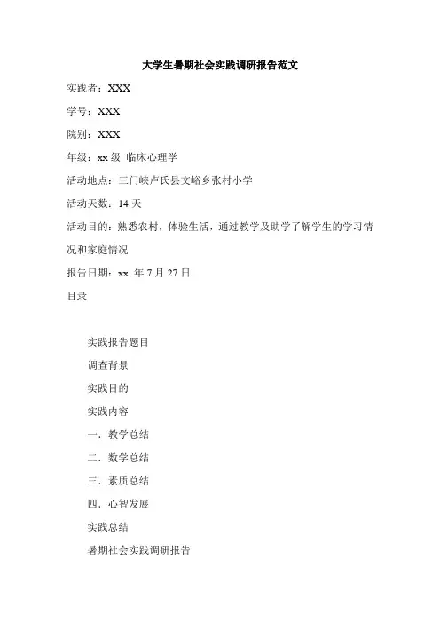大学生暑期社会实践调研报告范文 2