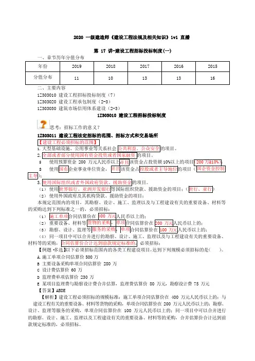 2020年一建-法规-1V1基础班-17、第17讲-建设工程招标投标制度(一)