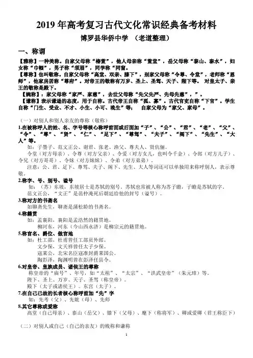 2019年高考复习古代文化常识经典备考材料