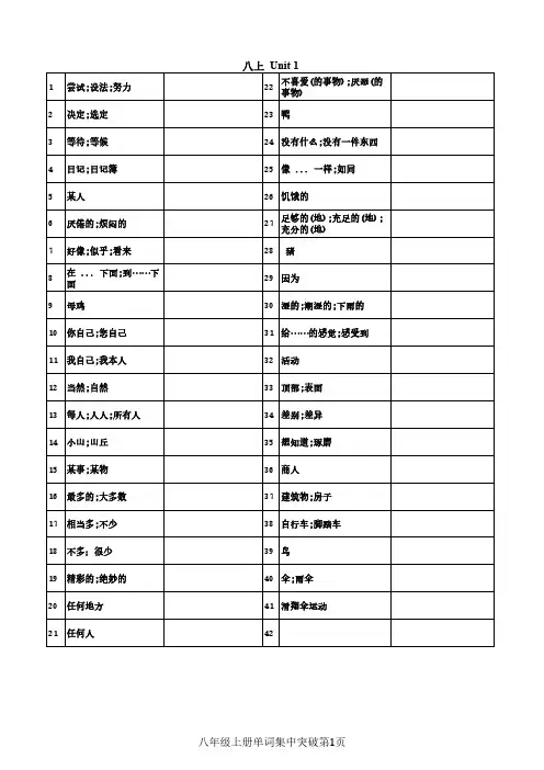 初中英语八年级上册  单词默写卡