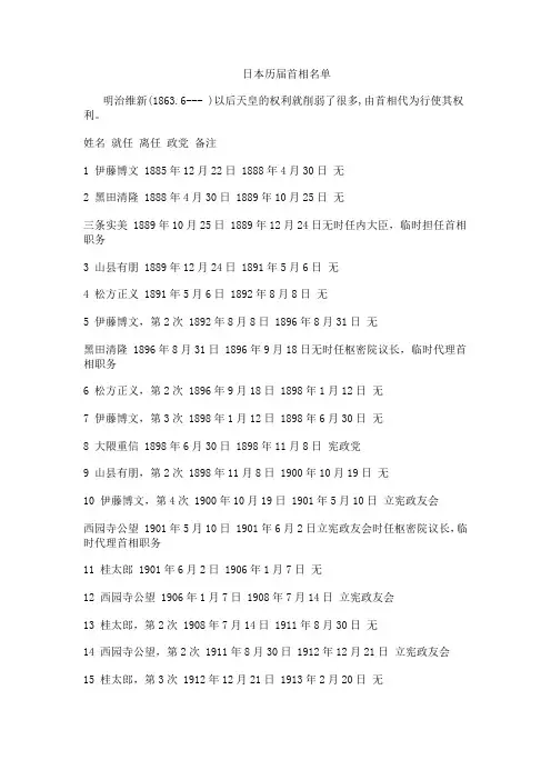 日本历届首相名单