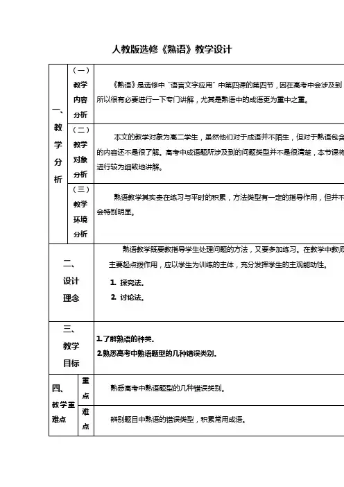 高中语文人教版选修《语言文字应用》教案：第四课第4节 中华文化的智慧之花—熟语 1 Word版含解析